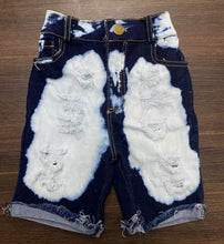 Load image into Gallery viewer, Boy&#39;s dark denim bleached distressed shorts