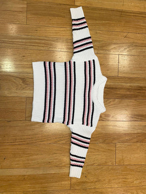 White sweater with pink/black stripes